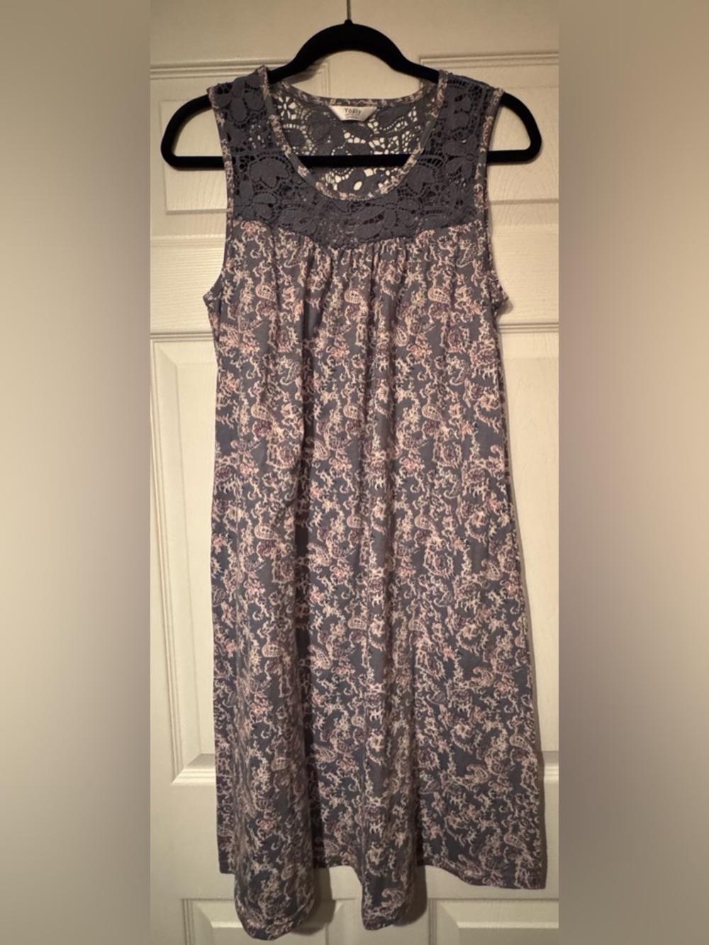 NWT Yozly Sz LargeSleeveless Lace Yoke Midi Dress Slate Blue/Pink Paisley Floral